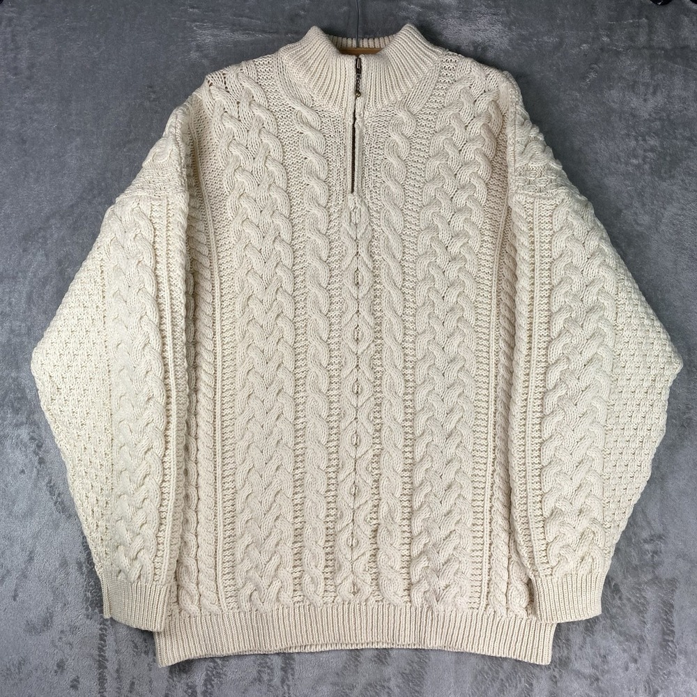 Kilronan Sweater Mens Sz XL Cream Cable Knit Fisherman 1/4 Zip 100% Merino Wool